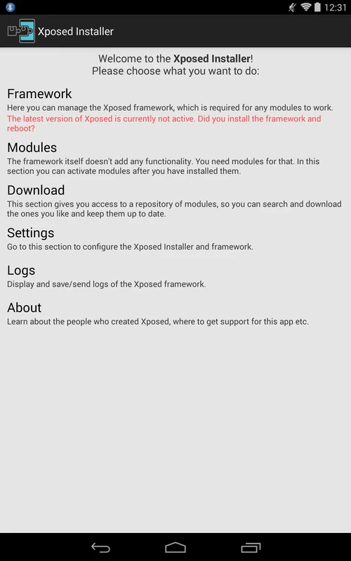 Screenshot Xposed Installer APK v3.1.5 untuk Kustomisasi Android