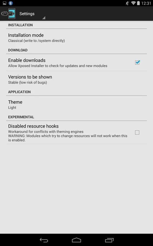 Screenshot Xposed Installer APK v3.1.5 untuk Kustomisasi Android